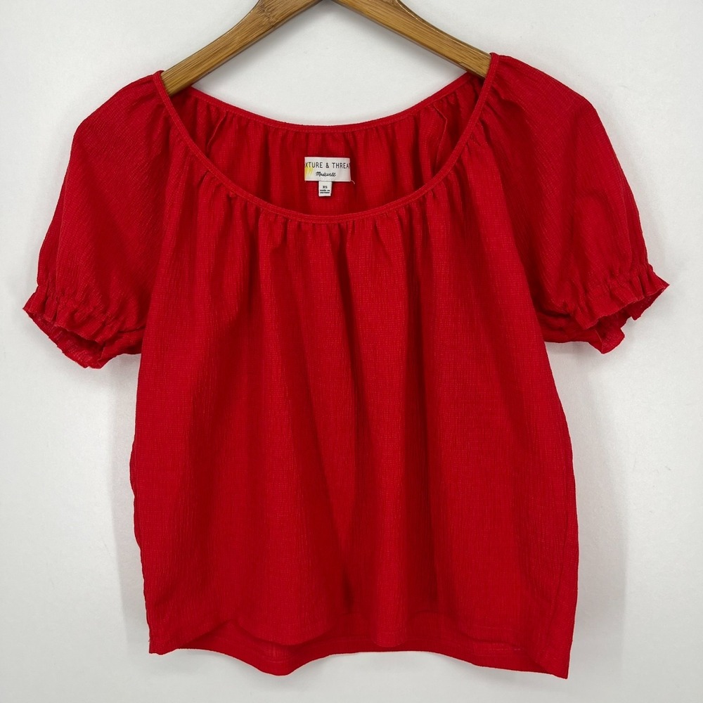 Texture & Thread Madewell Blouse Women's XS Red Ruffled Short Sleeve‎ Round Neck